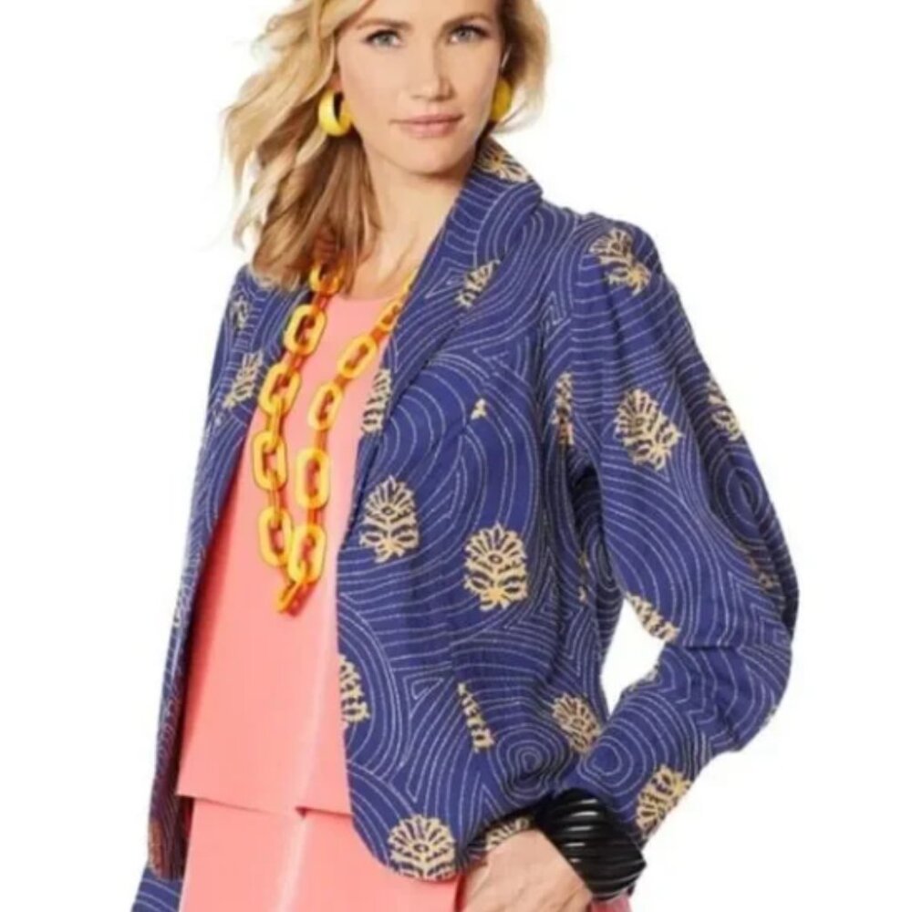 Rara Avis by Iris Apfel Embroidered Open Front Jacket Blue Size Large NWT